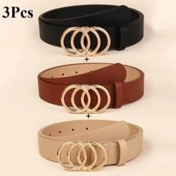 3Pcs/set Golden Triple Ring Buckle Belts Simple Solid Color PU Leather Belt Jeans Pants Belt Dress Coat Girdle For Women Belt