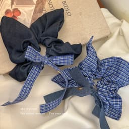 Bow Denim Blue Plaid Square Towel Large Intestine Hair Band Femininity Square Hair Accessories Headrope Rubber Band