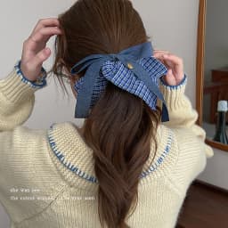 Bow Denim Blue Plaid Square Towel Large Intestine Hair Band Femininity Square Hair Accessories Headrope Rubber Band