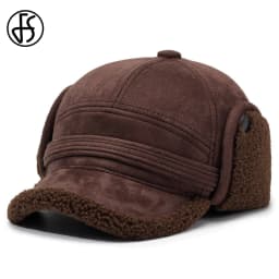 FS Vintage Black Brown Winter Baseball Cap For Men Thick Plush Bomber Hats Outdoor Windproof Women Earflap Hat Bone Masculino