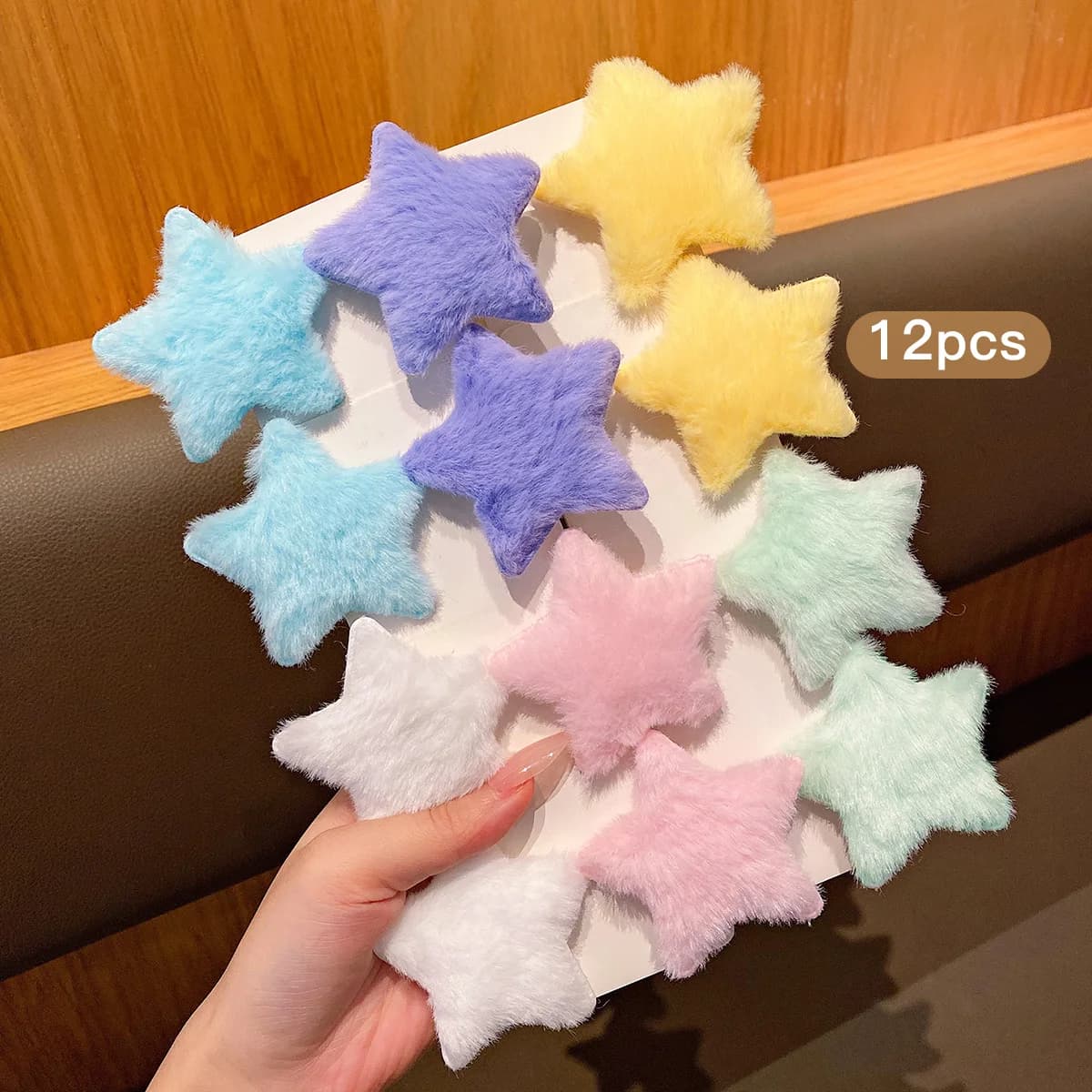 12 random plush star hair clips in different colors, sweet and stylish colored hair accessories suitable for daily use