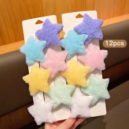 12 random plush star hair clips in different colors, sweet and stylish colored hair accessories suitable for daily use