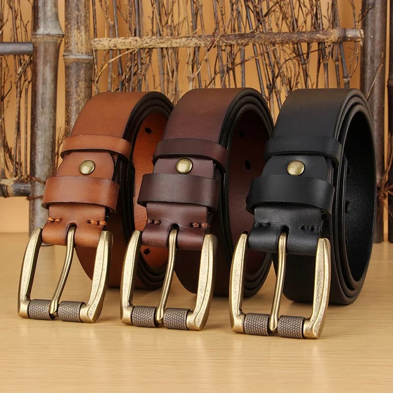 5mm Thicked Leather Men Belt Vintage Roller Pin Buckle Belt Male Cowhide Genuine Leather Buckle Strap Cowboy Jeans Belt 1.5 Inch