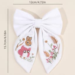 Rabbit Embroidery White Bow Hair Clip Sweet Girls Bunny Bowknot Hairpin Handmade Fabric Kids Cute Headdress Headwear Accessories
