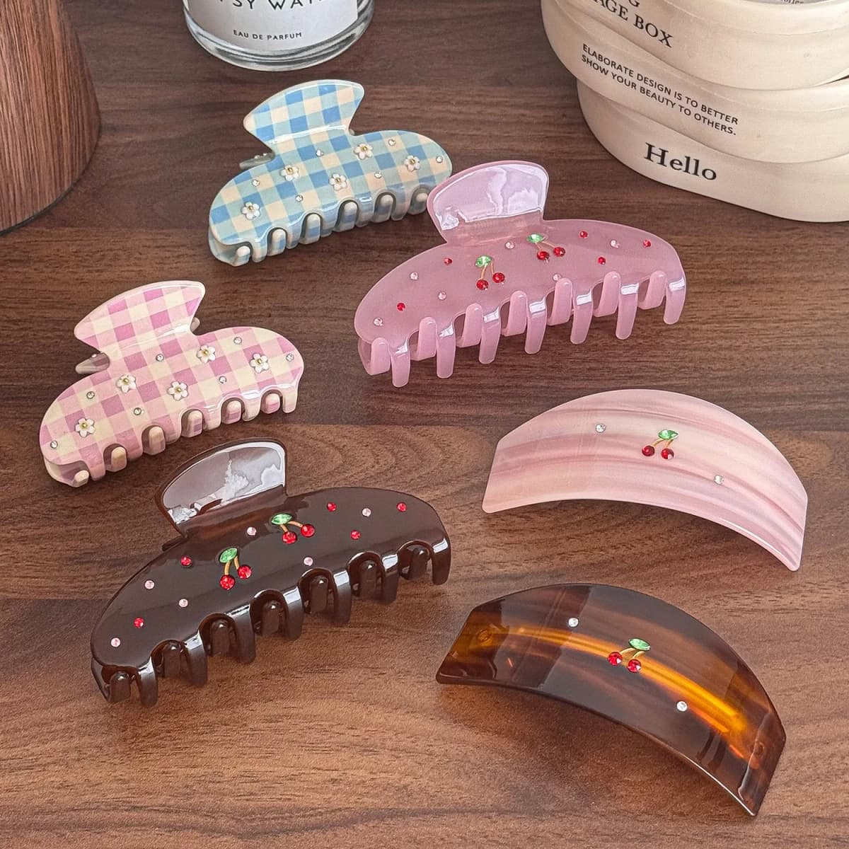 1pc New diamond-studded cherry hair claw, high-end sweet multicolor diamond acetate hair clip, hair clip for back-of-head updos