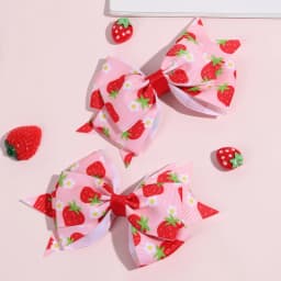 2Pcs Strawberry Bow Hair Clips Cute Red Floral Hairpins Ribbon Barrette For Girls Children Kids Sweet Kawaii Hair Accessories