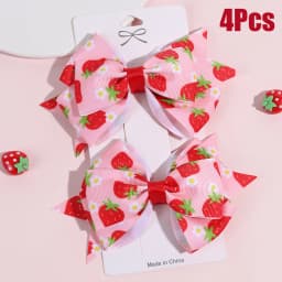 2Pcs Strawberry Bow Hair Clips Cute Red Floral Hairpins Ribbon Barrette For Girls Children Kids Sweet Kawaii Hair Accessories