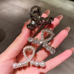 High-end Pearl Rhinestone Small Size Hair Grabber Summer Women Simple Metal Side Clip Back Head Half-tied Cross Hair Clips