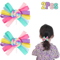 2Pcs Trendy Lollipop Hair Clip Sweet Rainbow Candy Ribbon Hairpin Cute Popular Bow Barrette For Girls Kids Headdress Accessories