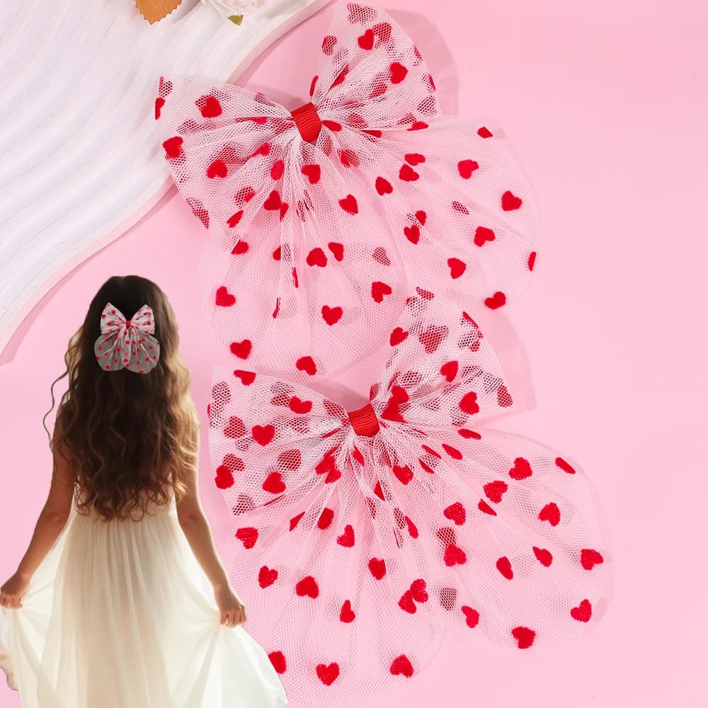 2Pcs Tulle Heart Bow Hair Clip Elegant Lace Love Hairpins Sweet Barrette For Girls Kids Children Fashion Headdress Accessories