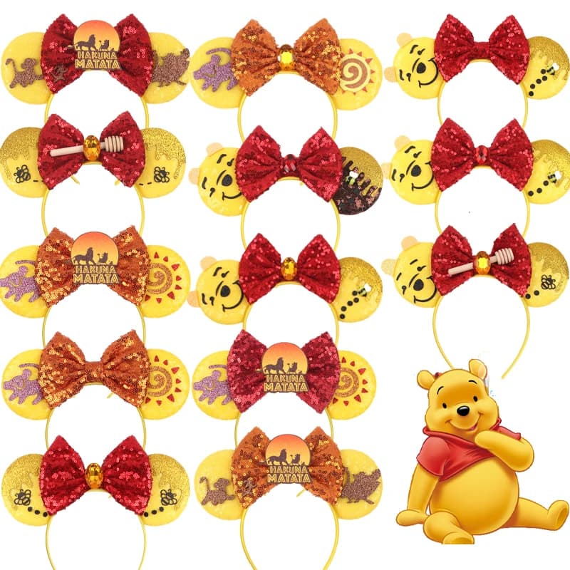 2026 Disney Winnie The Pooh Ears Headband 5"Sequin Bow Hairband For Girls Boys Festival Party DIY Hair Accessories Gift Boutique