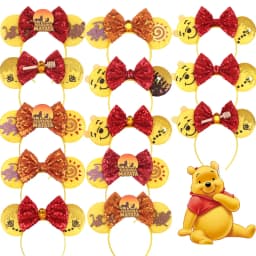2026 Disney Winnie The Pooh Ears Headband 5"Sequin Bow Hairband For Girls Boys Festival Party DIY Hair Accessories Gift Boutique