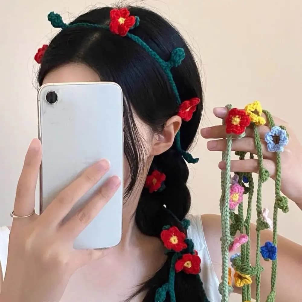 Cool Wool Knitted Scarf Handmade Crocheted Korean Style Rose Flower Shawl Harajuku Style Ribbon Knit Headband Ladies