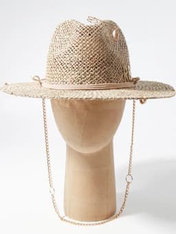 Panama Straw Sun Hat Wide Brim UPF50+ Foldable, Navy & Beige Contrast Beach Hat Adjustable Chin Strap Women Summer