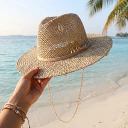 Panama Straw Sun Hat Wide Brim UPF50+ Foldable, Navy & Beige Contrast Beach Hat Adjustable Chin Strap Women Summer
