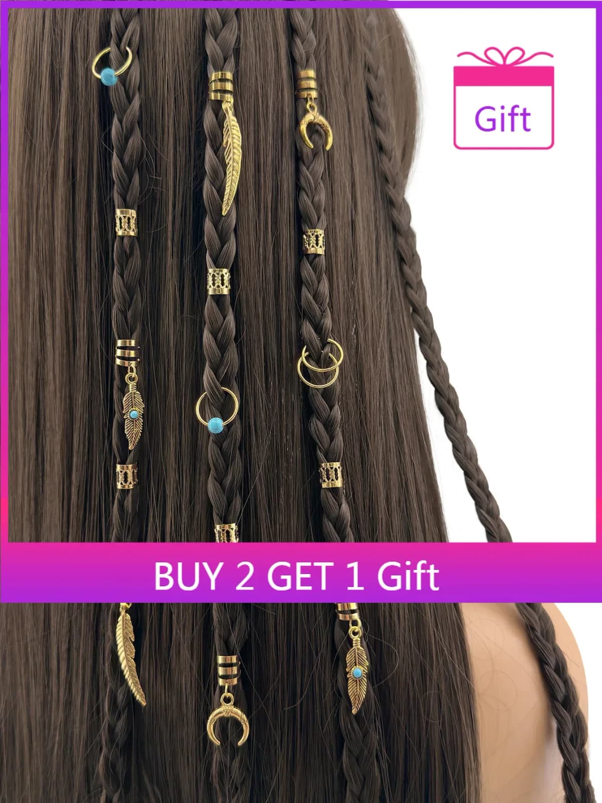 Turquoise Stone Feather Moon Hair Cuffs Adjustable Braid Rings for Women Dreadlocks Boho Hair Jewelry Accessories Gift Idea