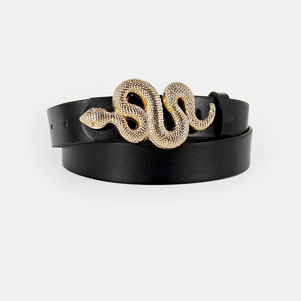 Hot Sale New Fashion Snake Belt Buckle with PU Leather Belt for Women Dress Designer Western Vintage Style Black Belts for Girls