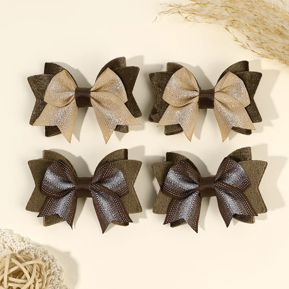2Pcs New Solid Bow Hair Clips Sweet Brown Three-layer Bownot Hairpins For Girls Children Korean Trendy Headwear Hair Accessories