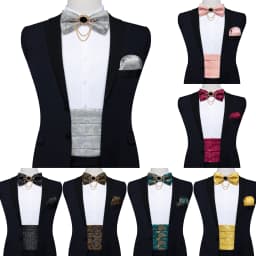 Classic Black Cummerbunds for Men Floral Cummerbund Bow Tie Brooch Pin Set Elastic Wide Tuxedo Waistband Dress Belt