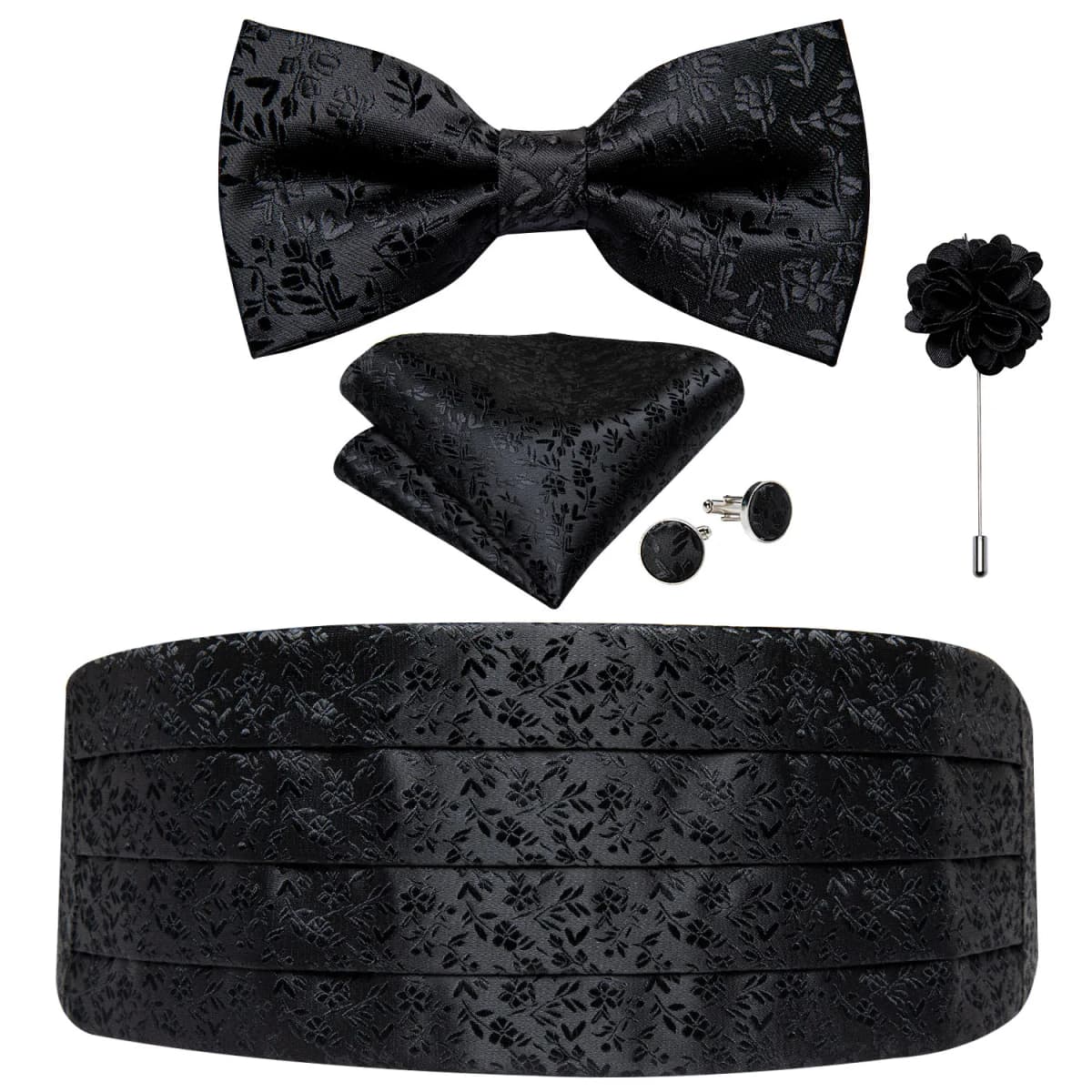 Classic Black Cummerbunds for Men Floral Cummerbund Bow Tie Brooch Pin Set Elastic Wide Tuxedo Waistband Dress Belt