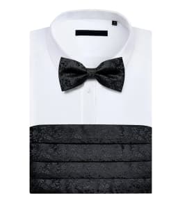 Classic Black Cummerbunds for Men Floral Cummerbund Bow Tie Brooch Pin Set Elastic Wide Tuxedo Waistband Dress Belt