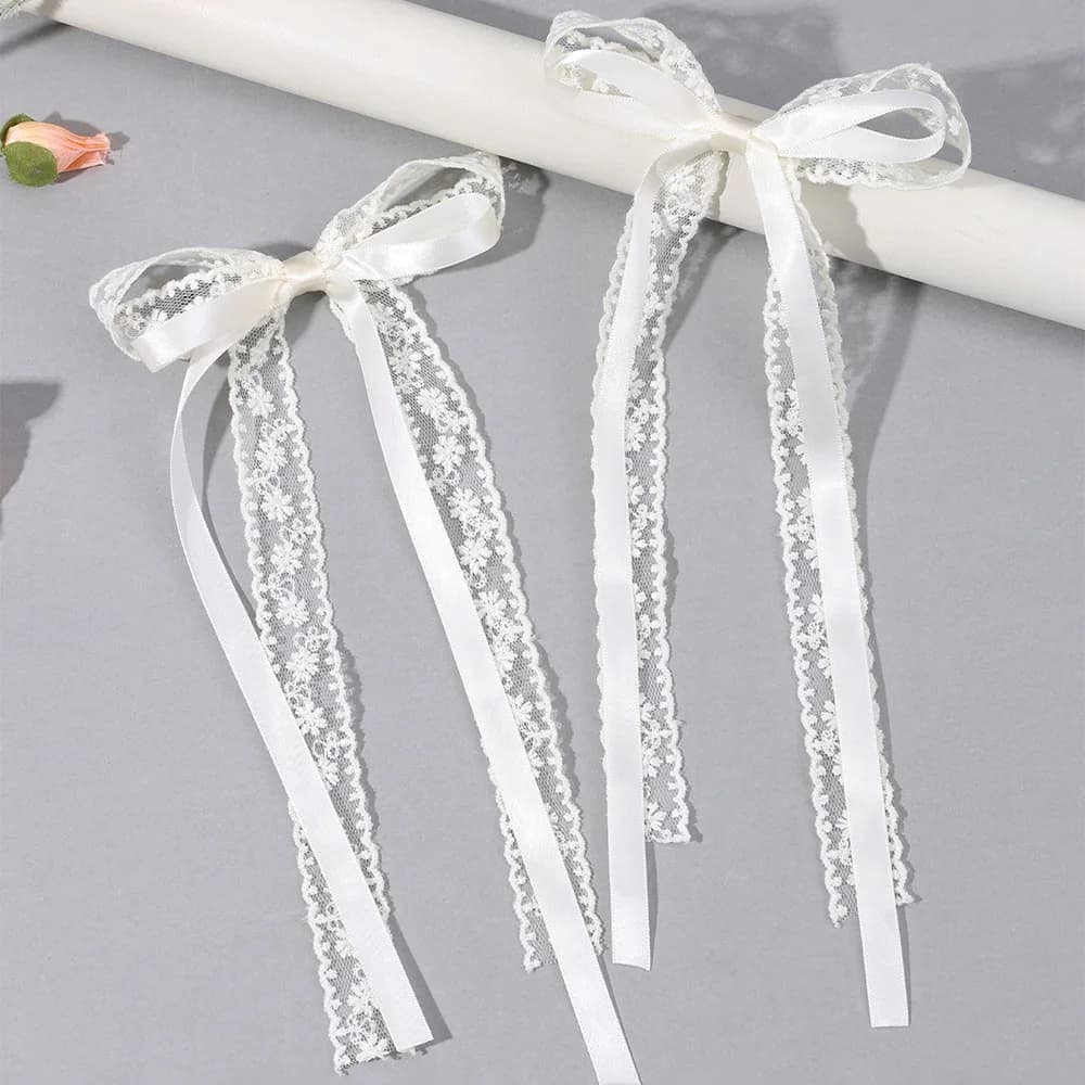 2Pcs White Lace Bow Hair Clips Flower Embroidery Long Ribbon Hairpins Sweet Floral Barrette Girls Children Headwear Accessories