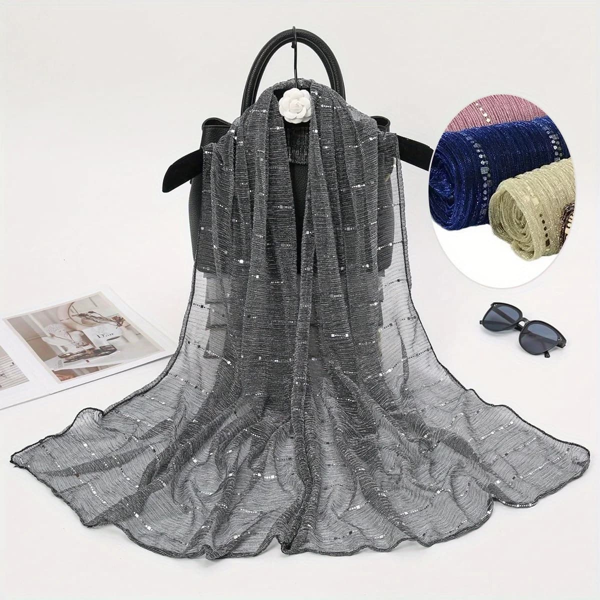 1PCS Spring and Autumn Women's High Elasticity sequin Chain Scarf, Wick Silk Long Scarf, Indian Scarf, Slide Silk Scarf