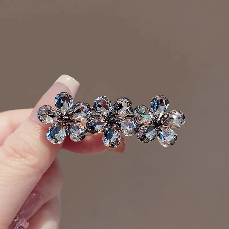 High-end Black Color Crystal Flower Hairpin Temperament Elegant Alloy Hair Clip Women's Bangs Side Clip Korean Style Headdress