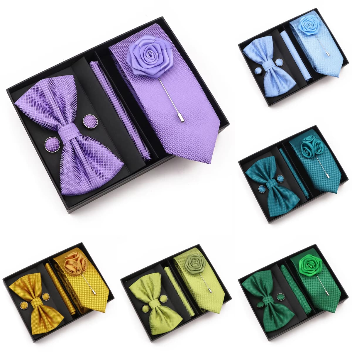 High Quality Tie Box Set For Men Purple Blue Sage Green Solid Color Necktie Bowtie Cufflink Brooch Suit Groom Wedding Accessory