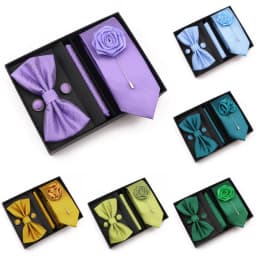 High Quality Tie Box Set For Men Purple Blue Sage Green Solid Color Necktie Bowtie Cufflink Brooch Suit Groom Wedding Accessory