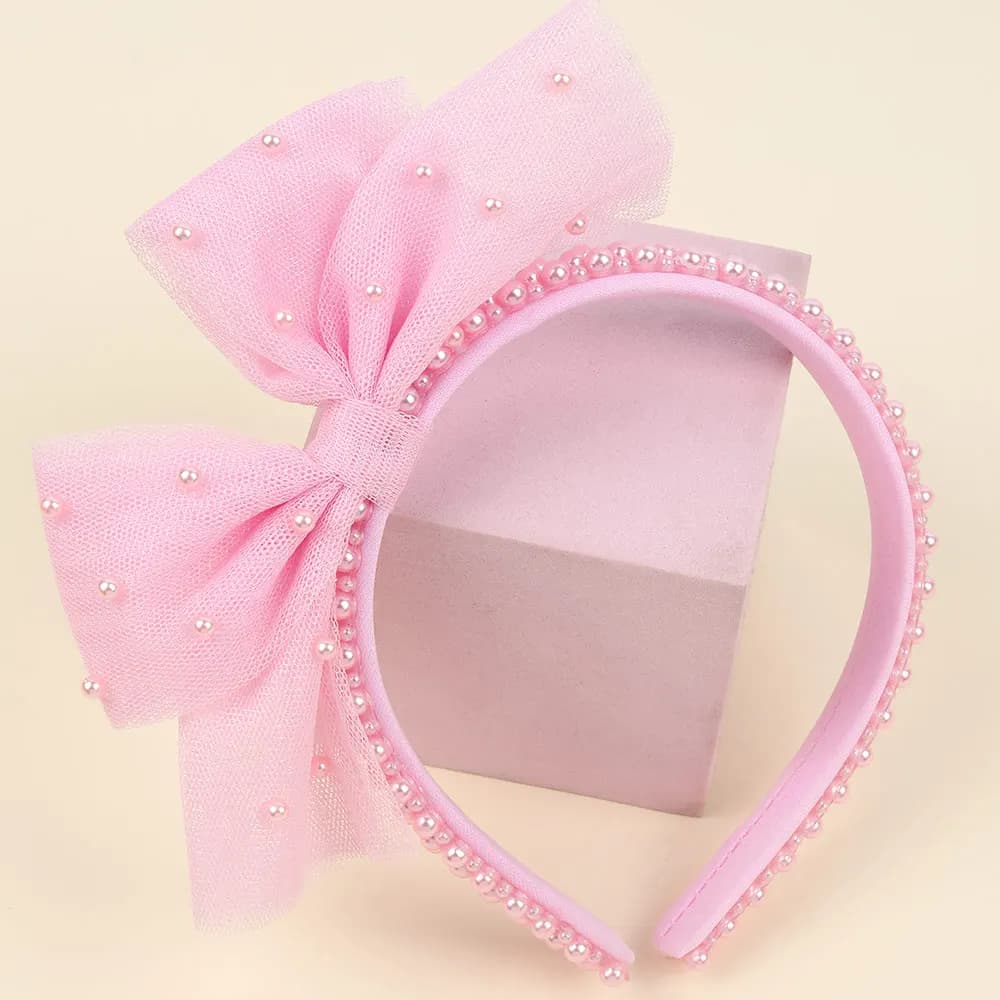 Girls Minimalist Pearl Headband Sweet Large Mesh Bow Handmade Hair Hoop Hair Band For Children Trendy New Daily Hair Accessories