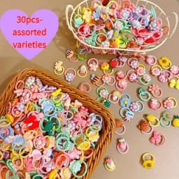 2026 New 30Pcs Girls High Elastic Hair Bands - Pain-Free Cartoon Animal/Fruit/Flower Decorative Hair Ties, Kids Hair Accessories