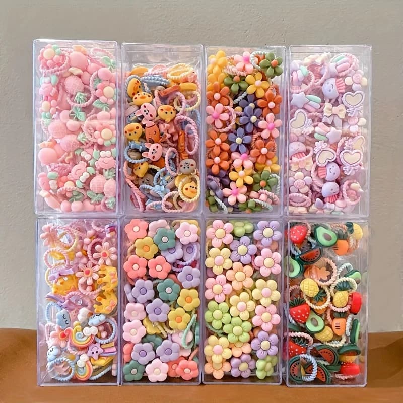 2026 New 30Pcs Girls High Elastic Hair Bands - Pain-Free Cartoon Animal/Fruit/Flower Decorative Hair Ties, Kids Hair Accessories