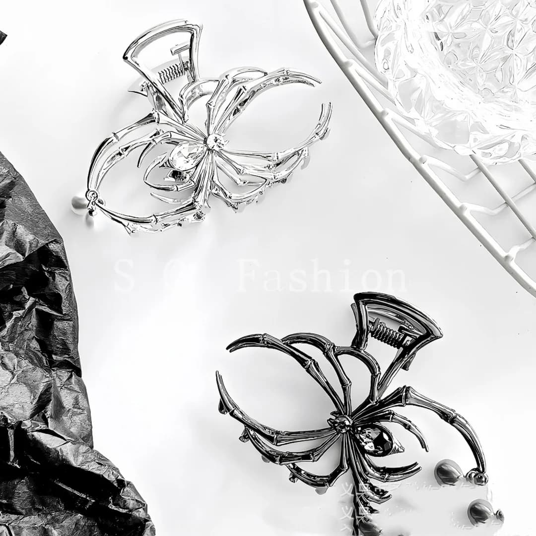 1Pcs Halloween Black Spider Hair Claw Clips with Pearl Charm Design,Metal Gothic Punk Hair Clips Strong Hold Hair Accessories