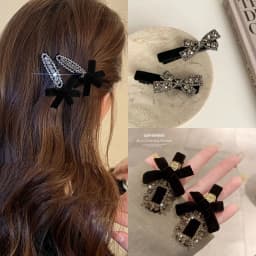 2pcs Classic Elegant Black Velvet Hair Clip Set Diamond Bow Hair Clip Elegant Shining Women Party Daily Styling Hair Accessories