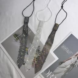 High Quality Fashion White Shiny Rhinestone Necktie Luxury Pre-Tied Crystal Neck Tie Elastic Elegant Costume JK Tie Prom