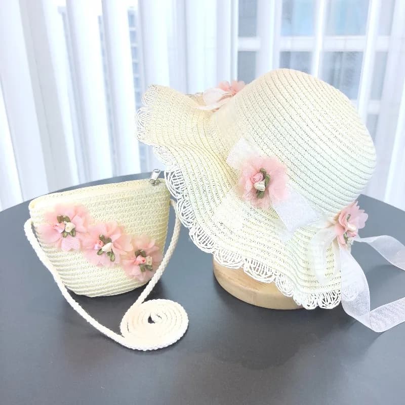 Girls 2pcs Straw Hat Solid Color Outdoor Travel Sun Hat Floral Fisherman Style Children's Fashion Accessory for Girls