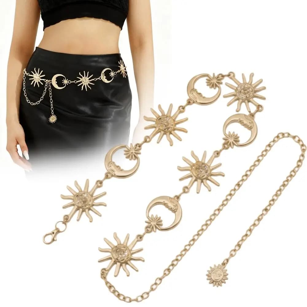 Vintage Sunflower Waist Chain Golden Silvery All-match Sun Moon Star Chain Belt Waistbands Women's Waist Clothing Accessories