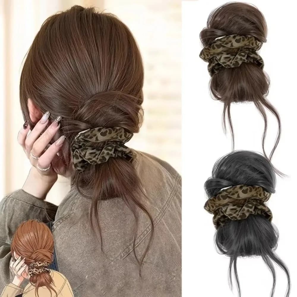 Low Updo Messy Bun Synthetic Hair Bun Leopard Print Wig Hair Extensions Claw Clip Wig Synthetic Hair Extensions Clip Women