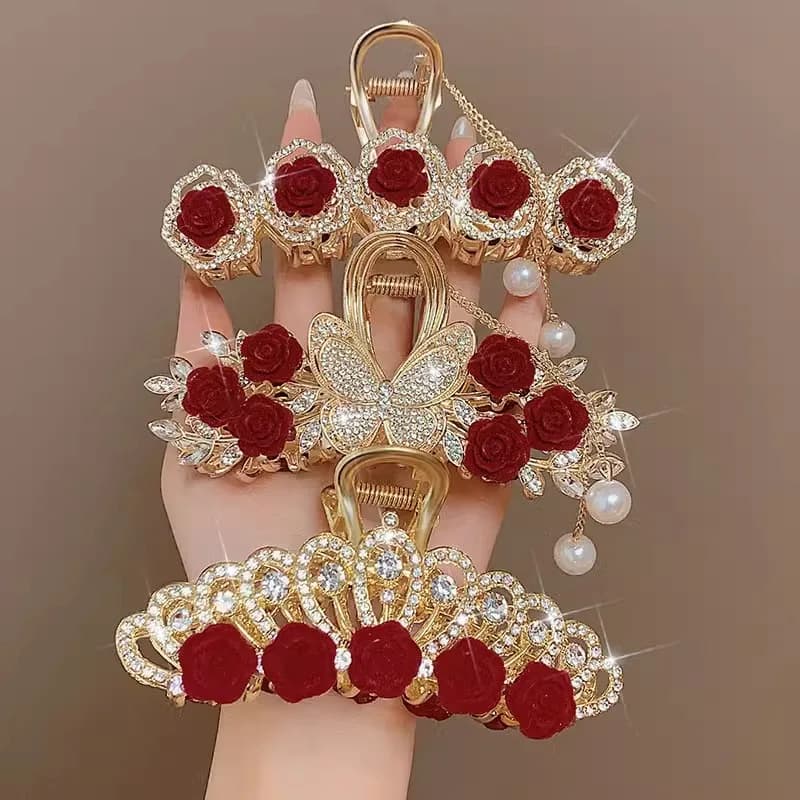 Fashion Romatics Fashion Antique Red Roses Flowers Hair Claws For Women DiamondMetal Hair Accessories