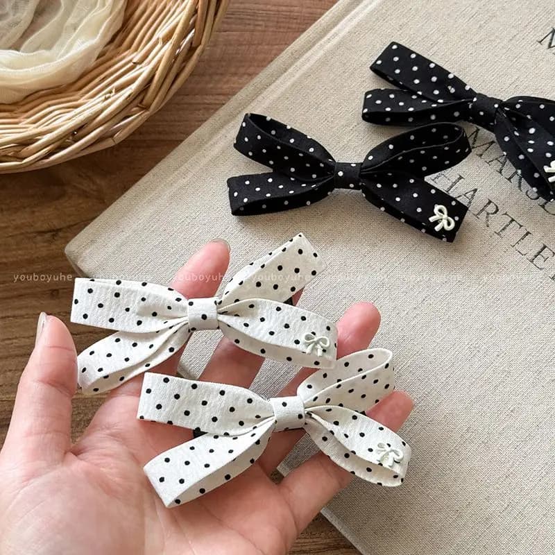 2pcs Sweet polka dot bow hair clip, side clip, French retro, niche, high-end bangs clip, bow hair accessory