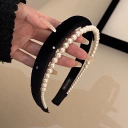 1Pc French Style High-Grade Double-Layer Pearl Headband,Black Velvet Sponge Hair Hoop,Retro Exquisite Hair Accessory for Women
