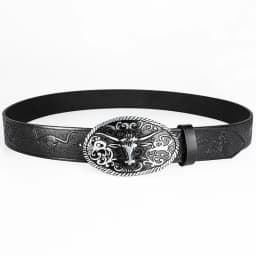 Retro Trendy Men's Bull Head Alloy Buckle Belt, Western - style Pressure Flower Relief Men's Personalized Ethnic Style Belt