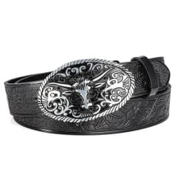 Retro Trendy Men's Bull Head Alloy Buckle Belt, Western - style Pressure Flower Relief Men's Personalized Ethnic Style Belt
