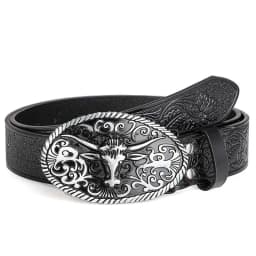 Retro Trendy Men's Bull Head Alloy Buckle Belt, Western - style Pressure Flower Relief Men's Personalized Ethnic Style Belt