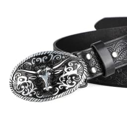 Retro Trendy Men's Bull Head Alloy Buckle Belt, Western - style Pressure Flower Relief Men's Personalized Ethnic Style Belt