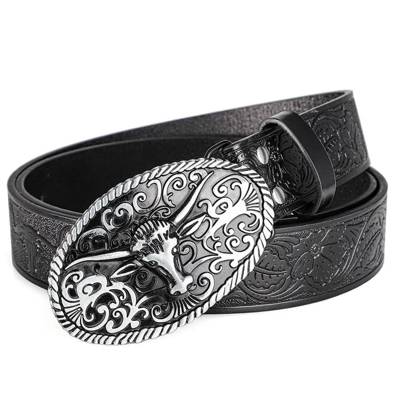 Retro Trendy Men's Bull Head Alloy Buckle Belt, Western - style Pressure Flower Relief Men's Personalized Ethnic Style Belt