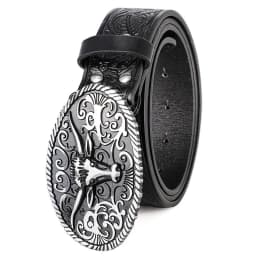 Retro Trendy Men's Bull Head Alloy Buckle Belt, Western - style Pressure Flower Relief Men's Personalized Ethnic Style Belt