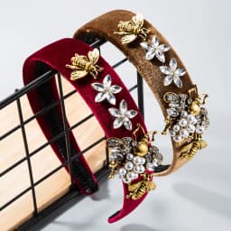 Cross-Border Vintage Court Style Baroque Rhinestone Headband Bee Wide Edge Gold Velvet Head Buckle Pearl Headband
