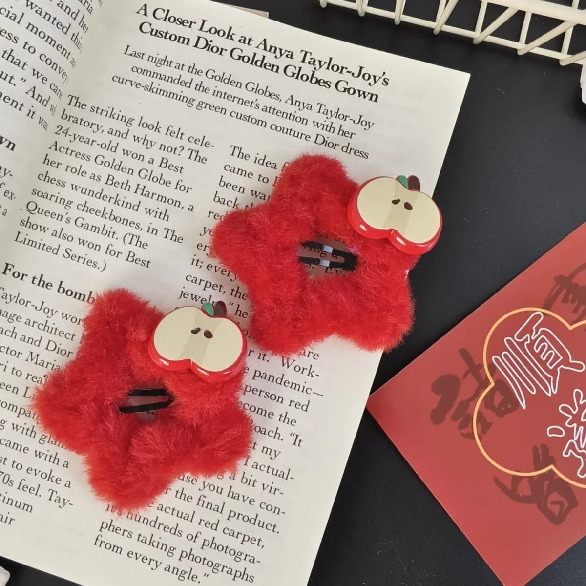2PCSRed Faux Fur Apple Hair Clips,Cute Fruit-themed Hairpins,Soft Fluffy Hair Accessories For Women, Adorable Fashion Hair Decor